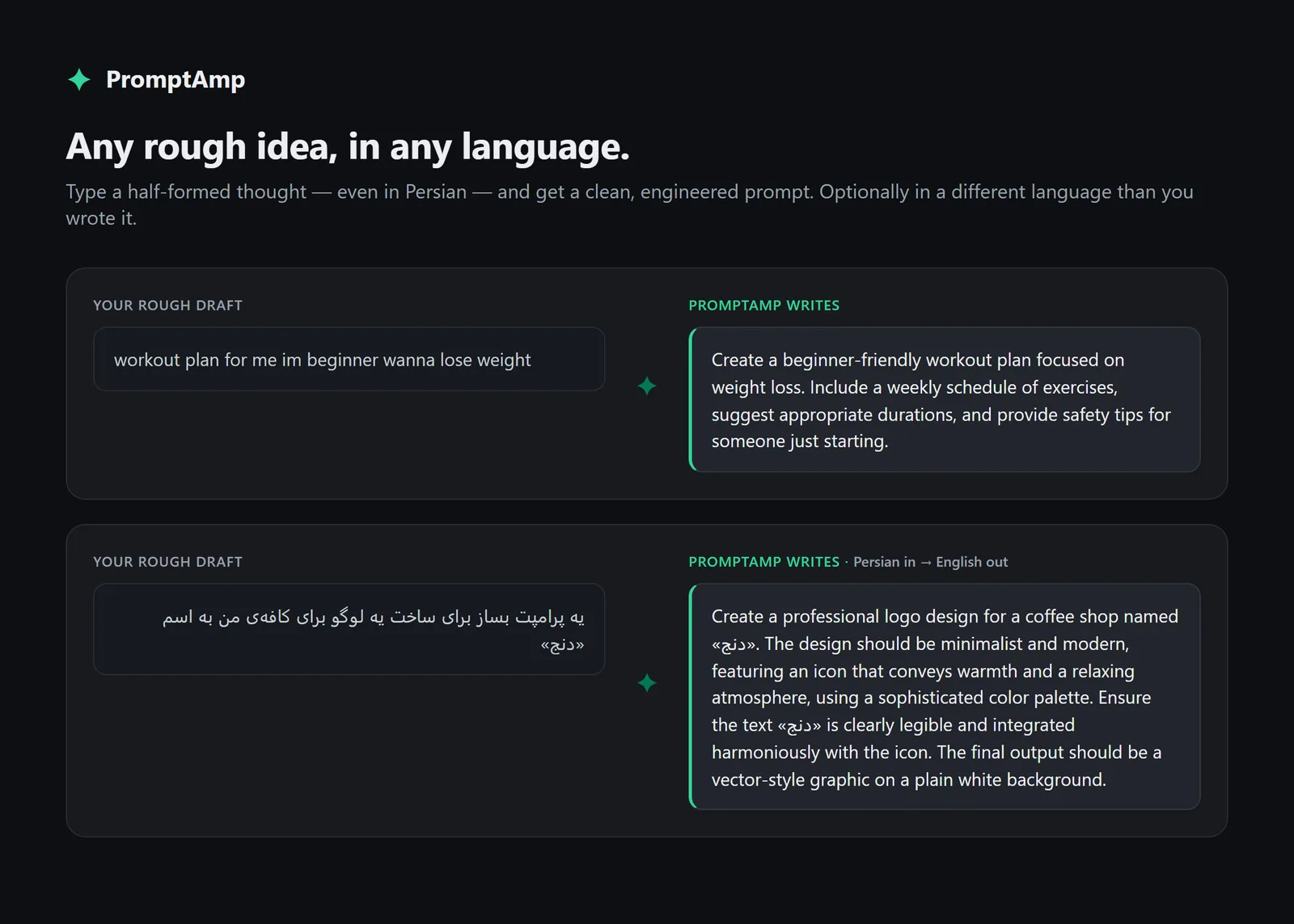 Any rough idea, in any language — a Persian draft becomes a polished English prompt