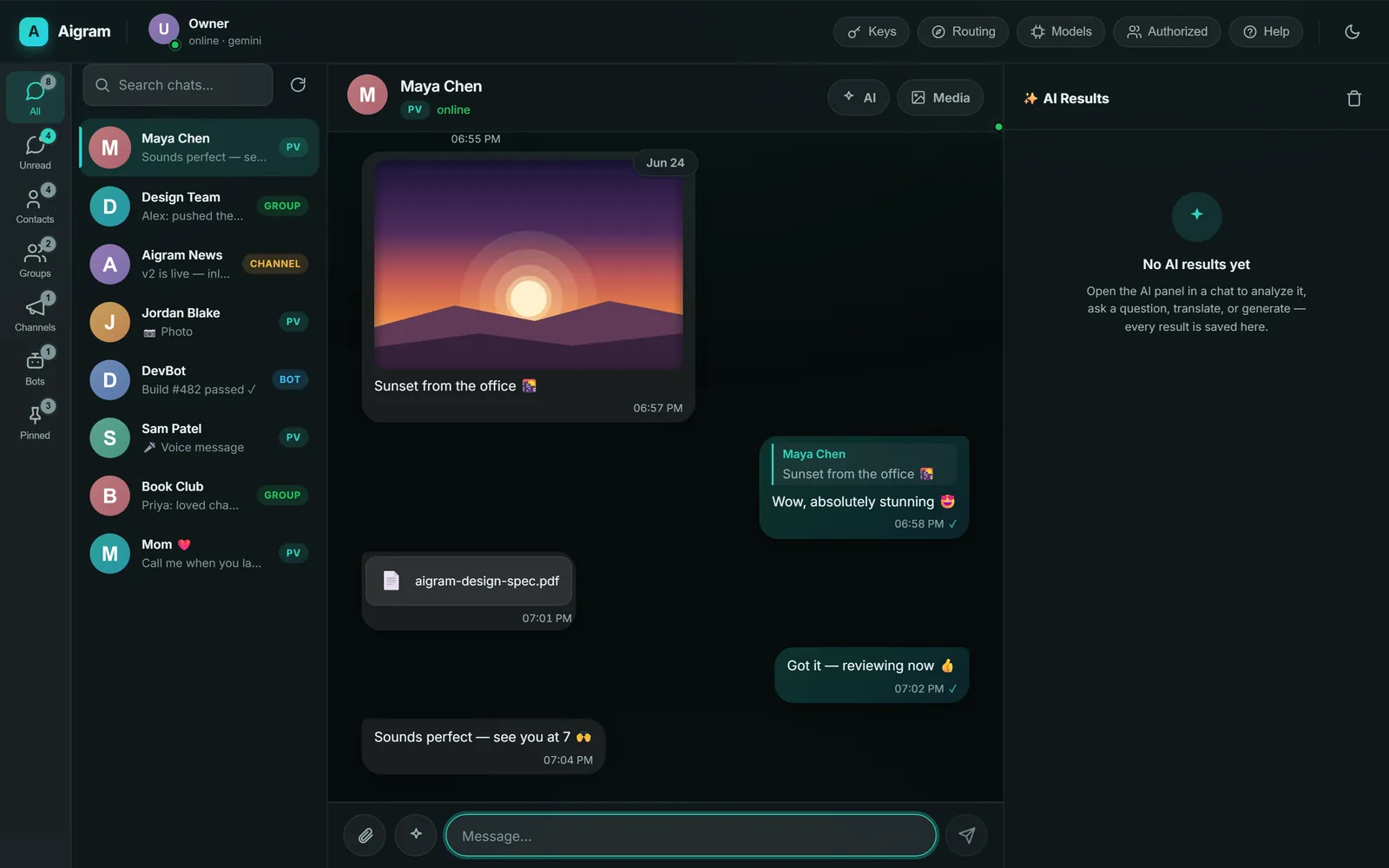 A real Telegram messenger on your own account — grouped bubbles, inline media, live typing, dark + light