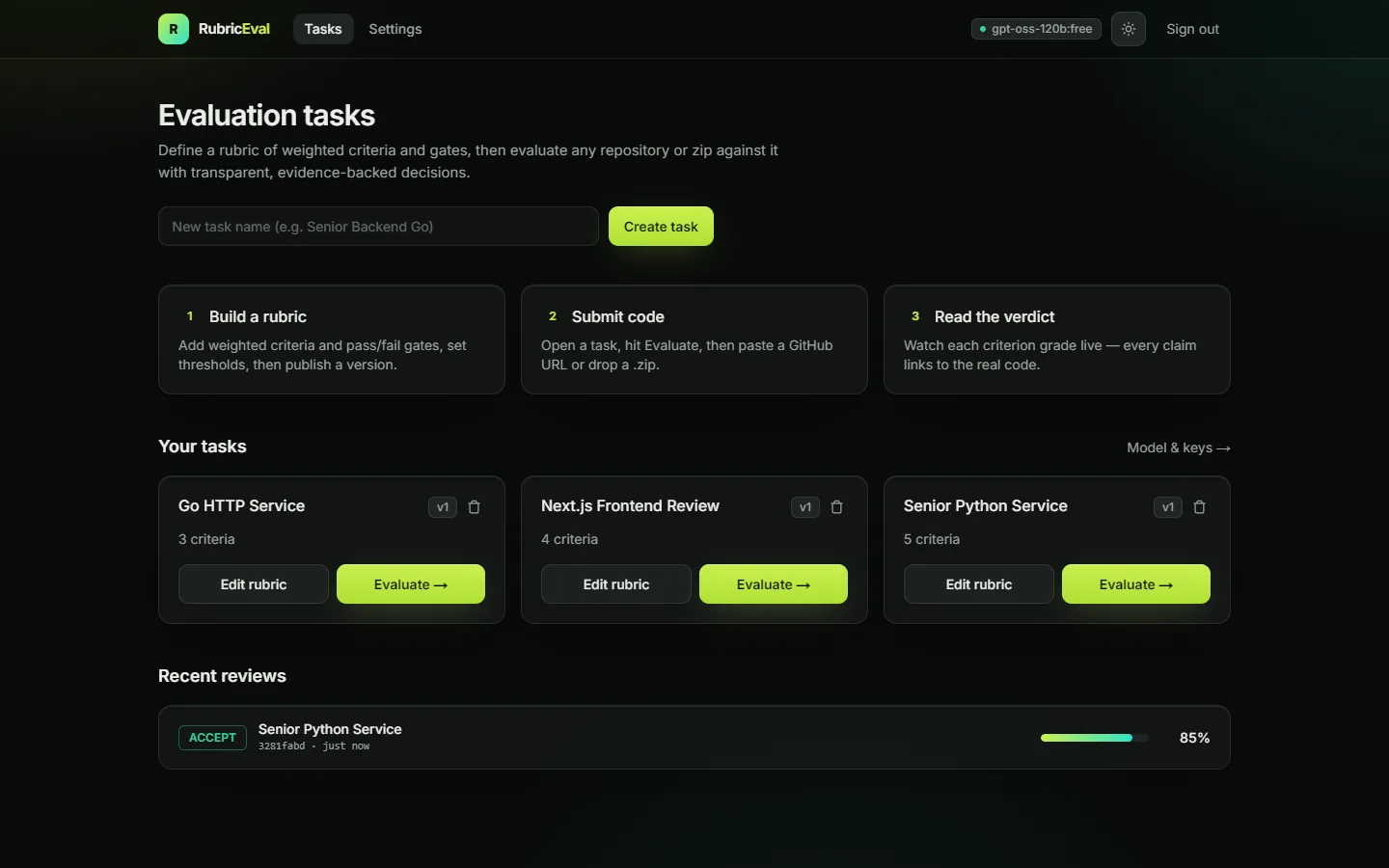 Tasks and recent verdicts at a glance