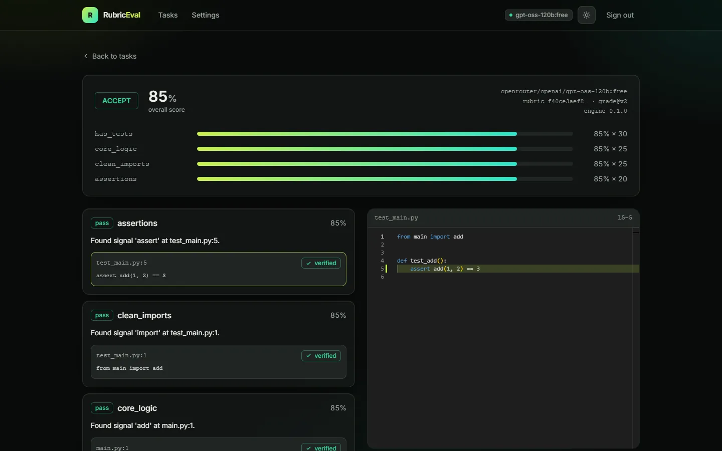 Final report — every verdict carries evidence, each citation highlighted against the real file in Monaco (the VS Code editor)