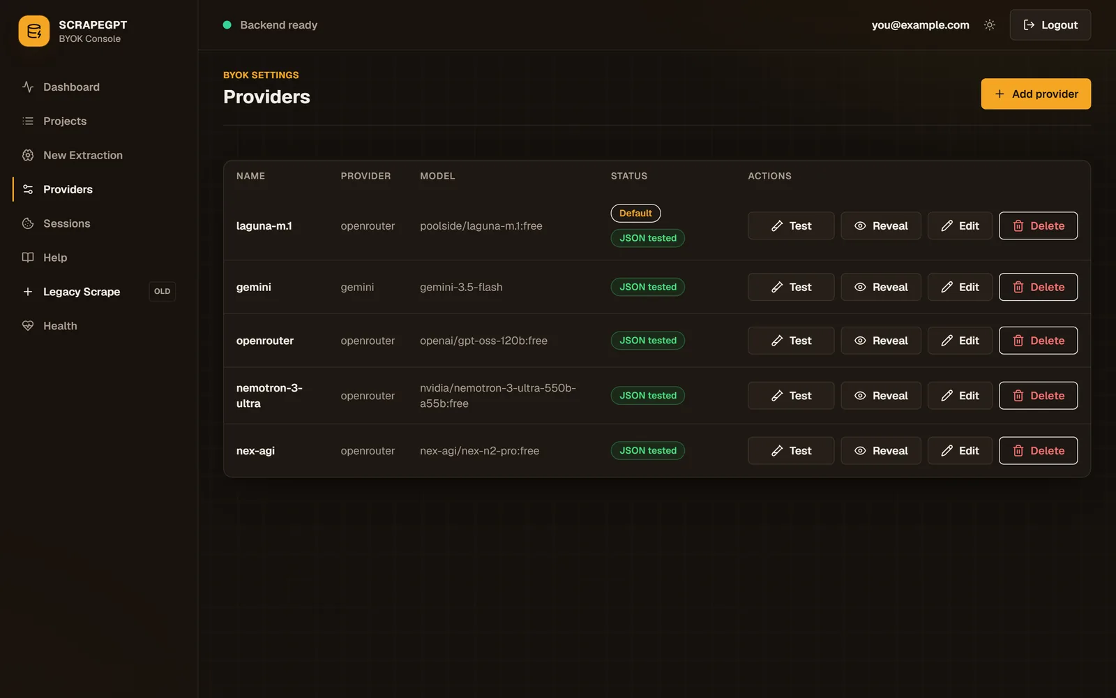 Bring-your-own-key providers, encrypted at rest and tested before use